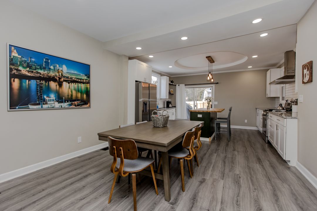 The dining area, open to the kitchen