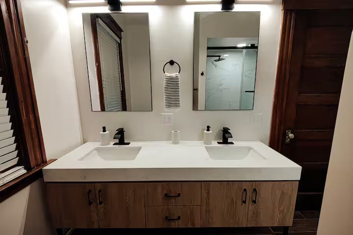 The upstairs main bathroom with a double vanity
