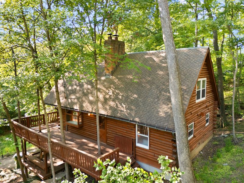 Aerial view of the cabin surrounded by woods