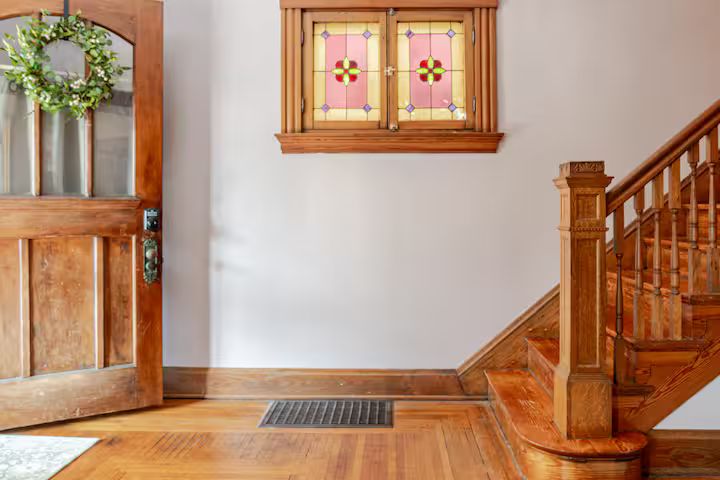 Original stained glass at the entryway